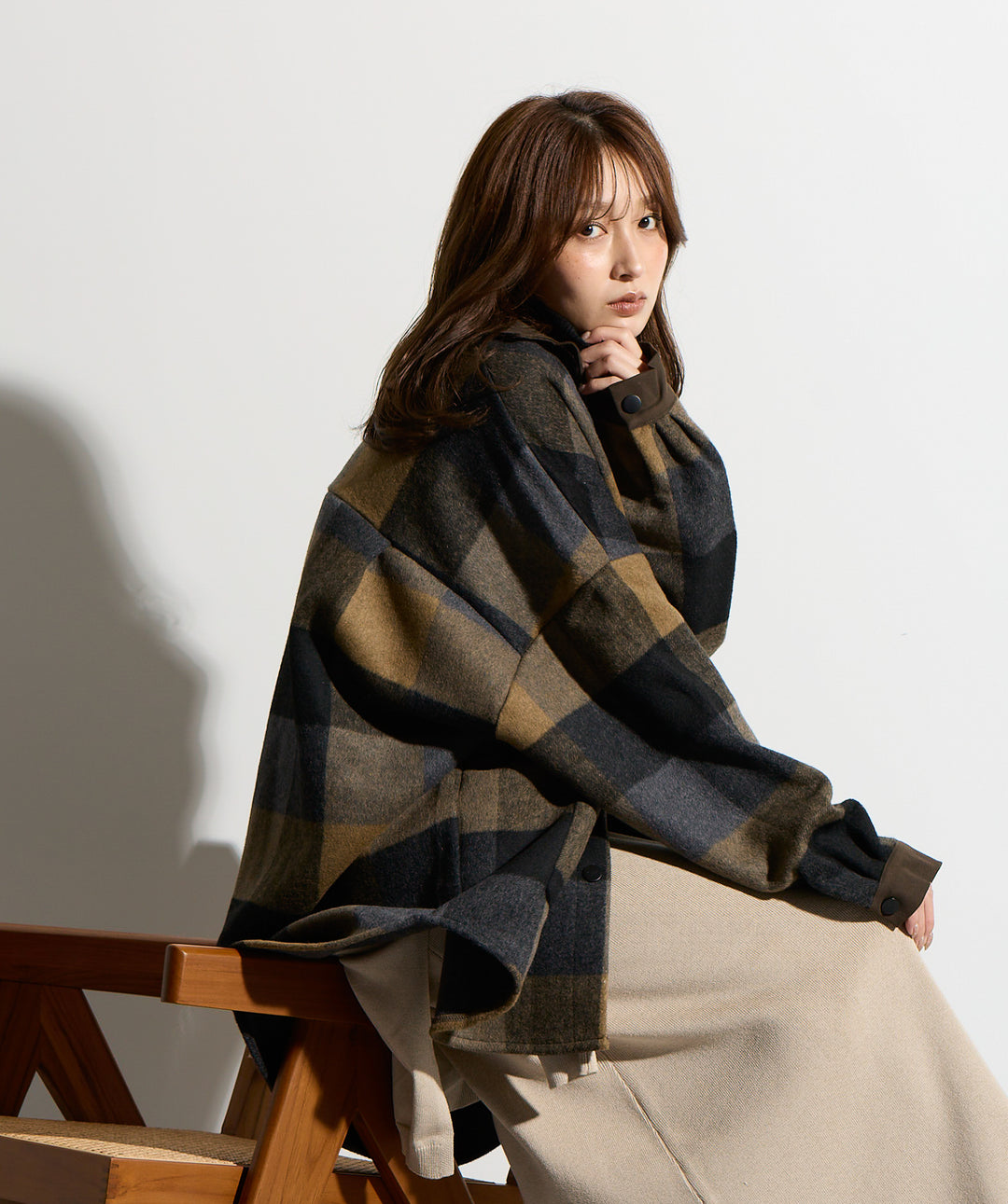 【SET】マルチチェックミドルコート＋ウエストニットコンビスカート
