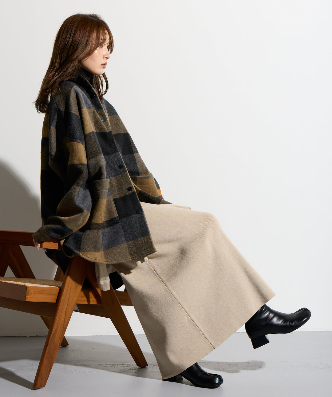 【SET】マルチチェックミドルコート＋ウエストニットコンビスカート