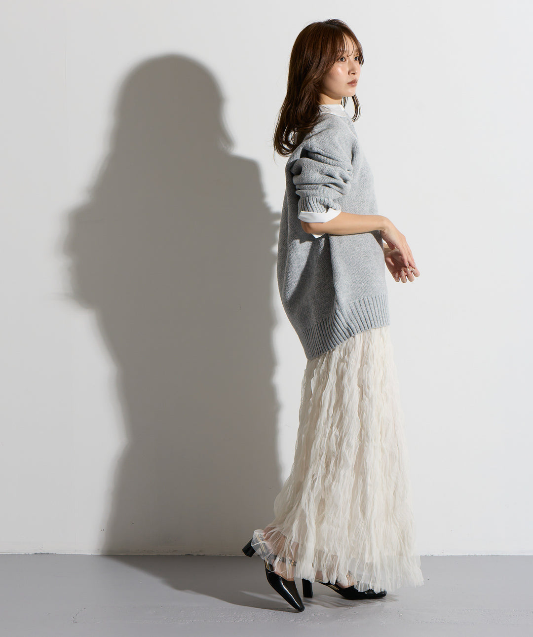 【SET】シャツドッキングニットポロ＋ワッシャーレーススカート