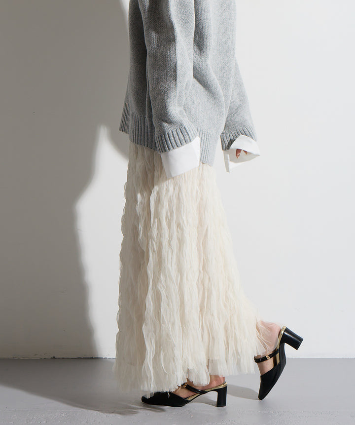 【SET】シャツドッキングニットポロ＋ワッシャーレーススカート