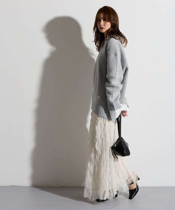 【SET】シャツドッキングニットポロ＋ワッシャーレーススカート