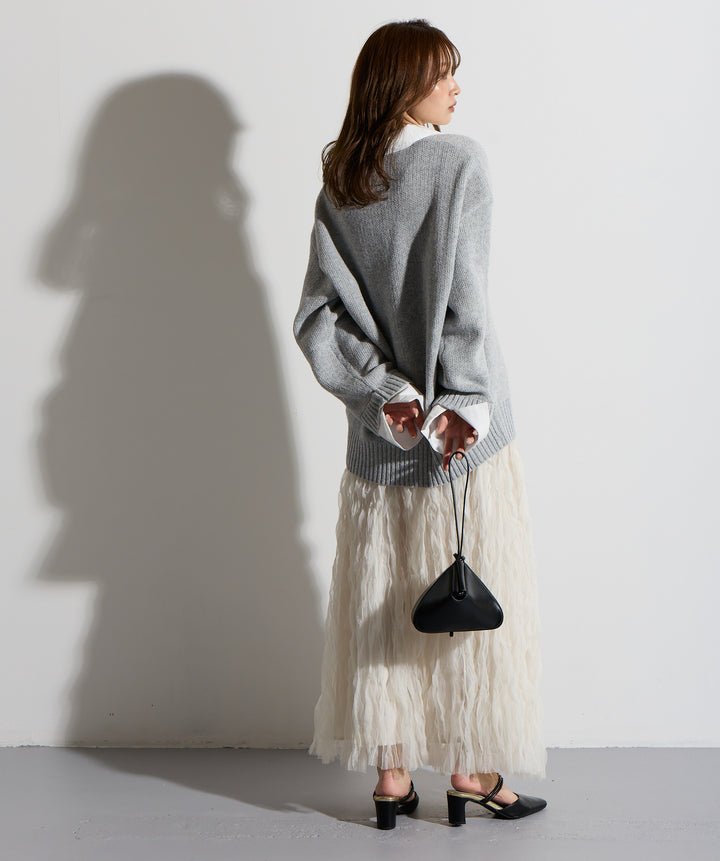 【SET】シャツドッキングニットポロ＋ワッシャーレーススカート