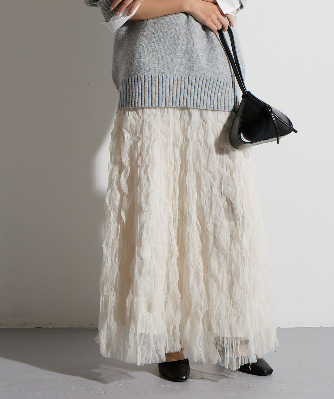 【SET】シャツドッキングニットポロ＋ワッシャーレーススカート