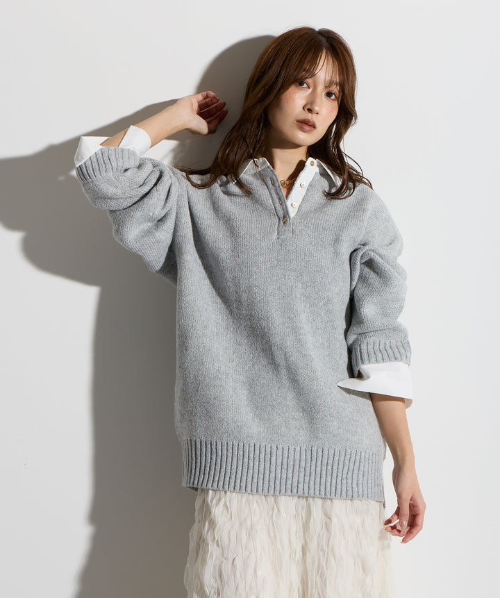 【SET】シャツドッキングニットポロ＋ワッシャーレーススカート