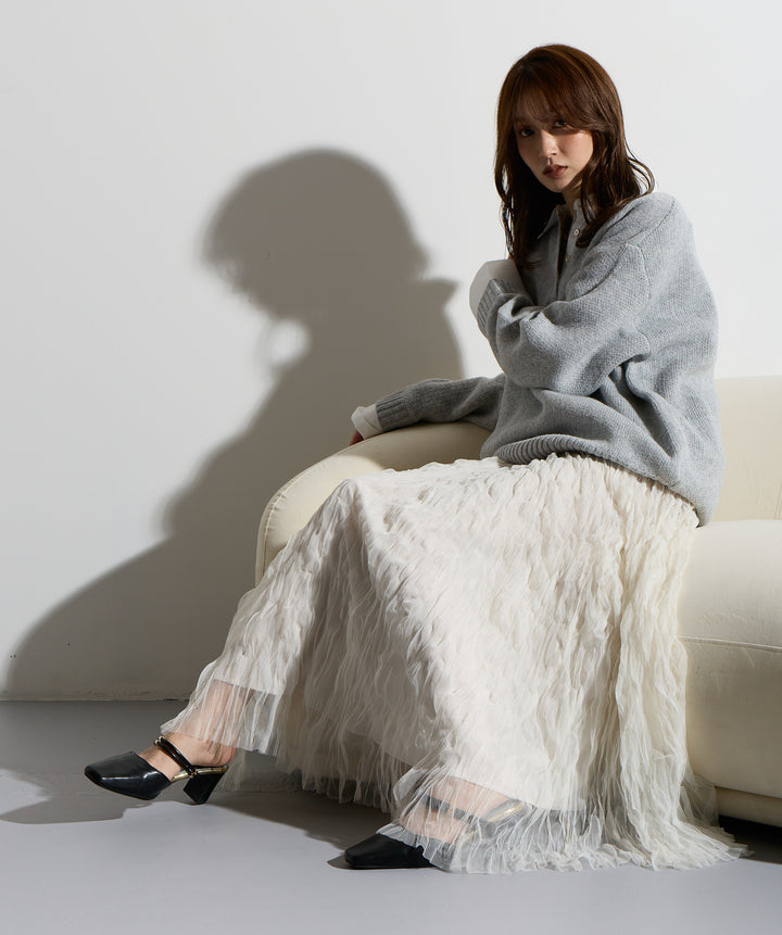 【SET】シャツドッキングニットポロ＋ワッシャーレーススカート