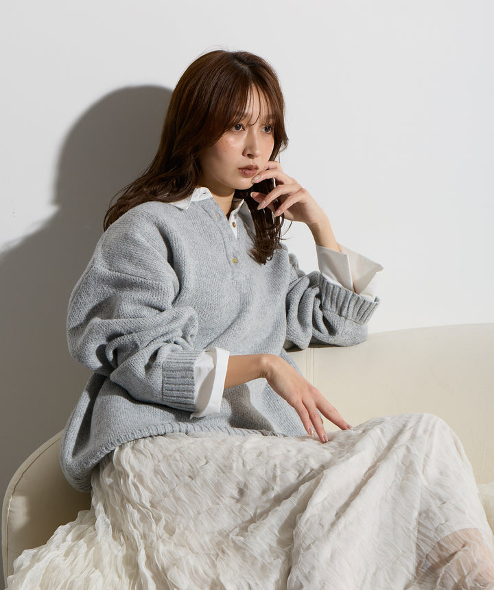 【SET】シャツドッキングニットポロ＋ワッシャーレーススカート