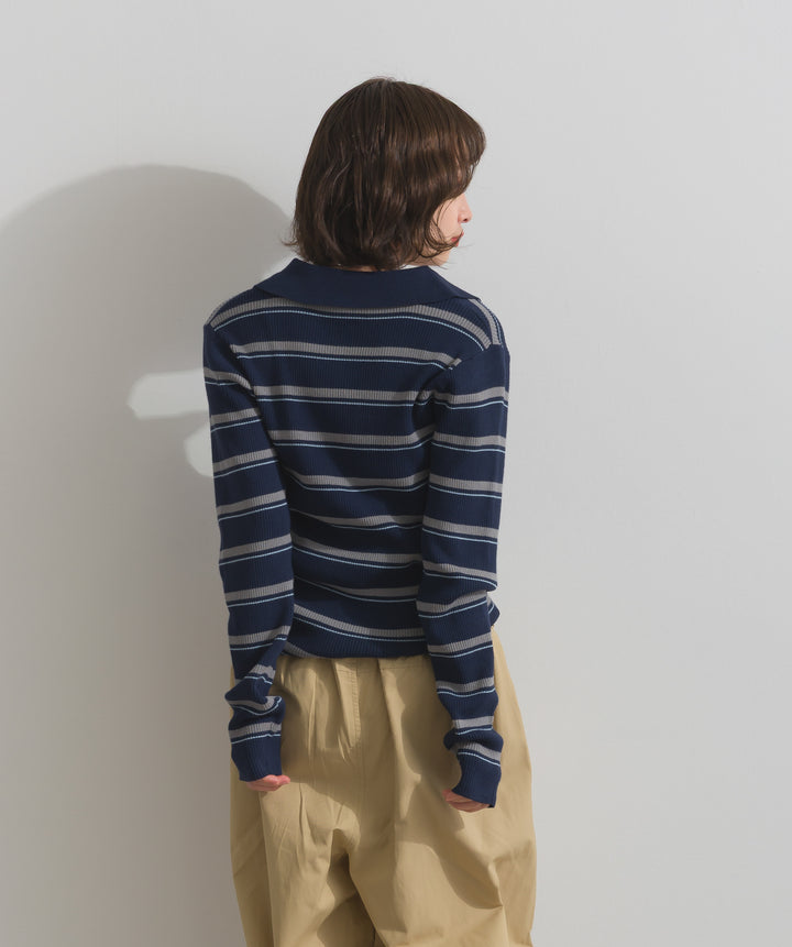 配色ボーダーポロニット