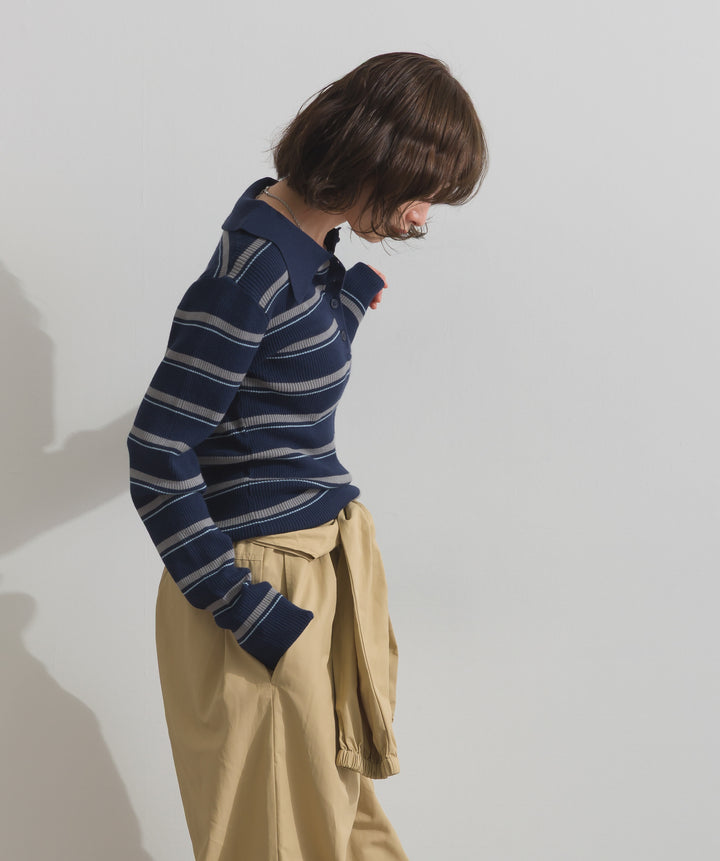 配色ボーダーポロニット