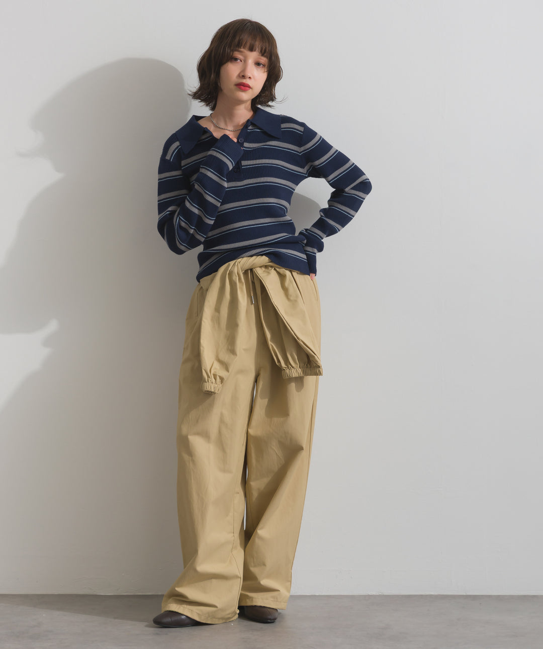 配色ボーダーポロニット