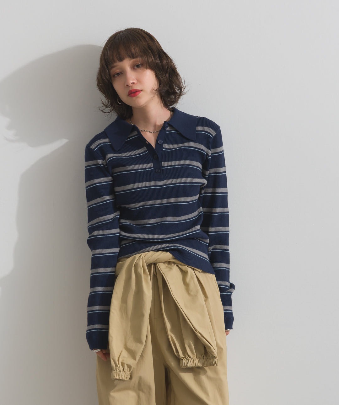 配色ボーダーポロニット