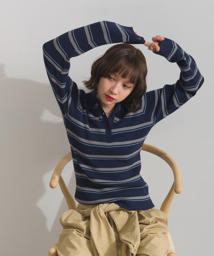 配色ボーダーポロニット