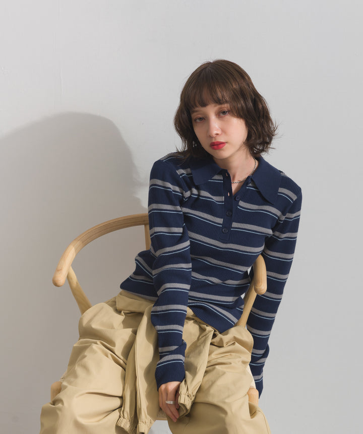 配色ボーダーポロニット