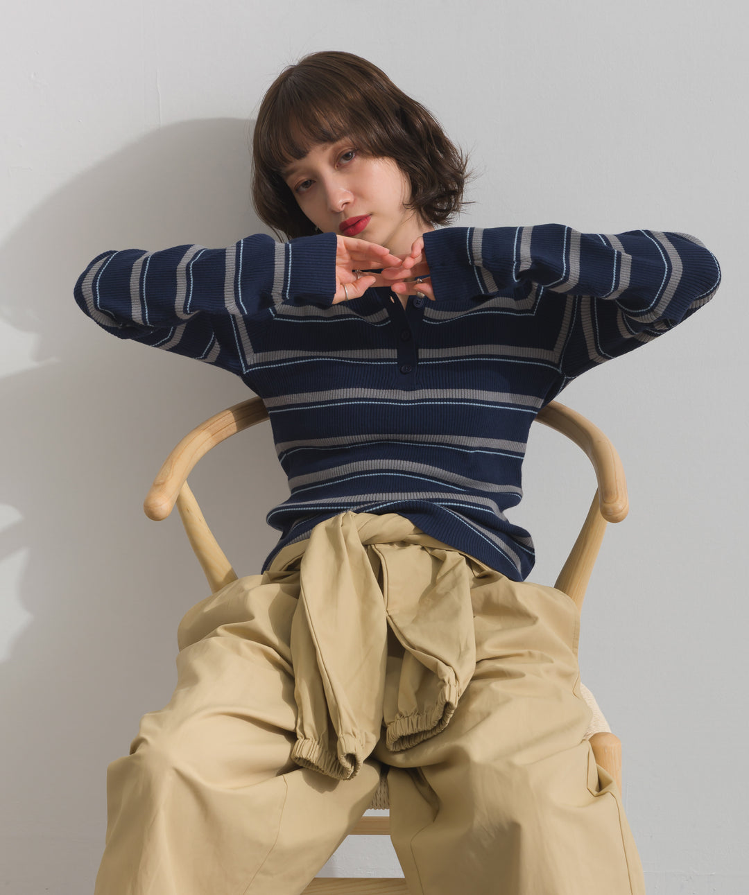 配色ボーダーポロニット