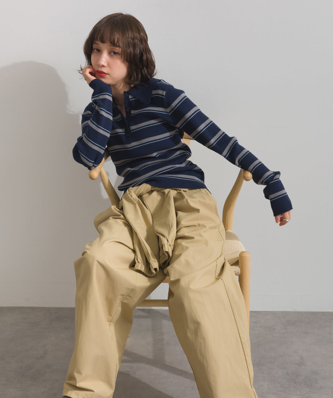 配色ボーダーポロニット