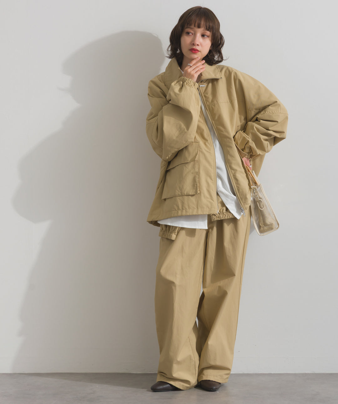 合繊ツイルスタンドウエスト巻きジョガーパンツ