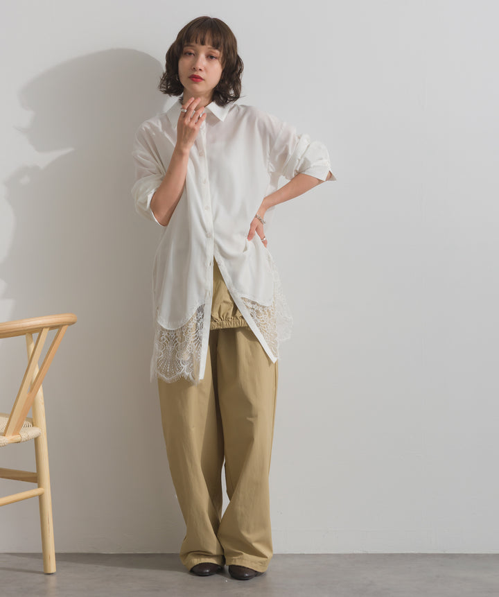 【TOPS SET】メタルボタン衿付きニットカーディガン＋ポプリン裾レースシャツワンピース