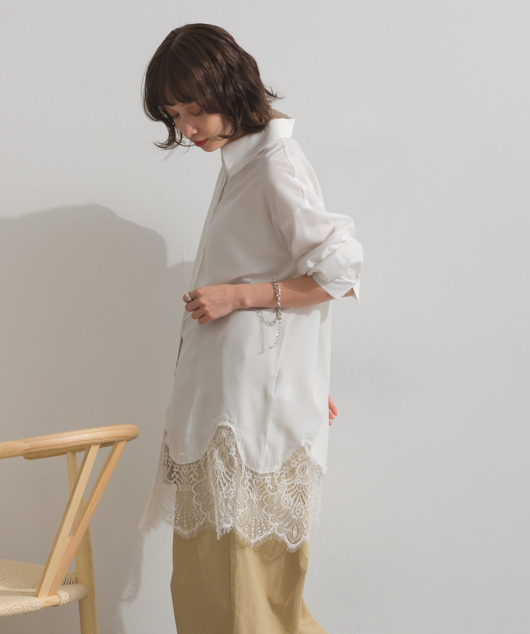 【TOPS SET】スウェード襟切替デニムブルゾン＋ポプリン裾レースシャツワンピース