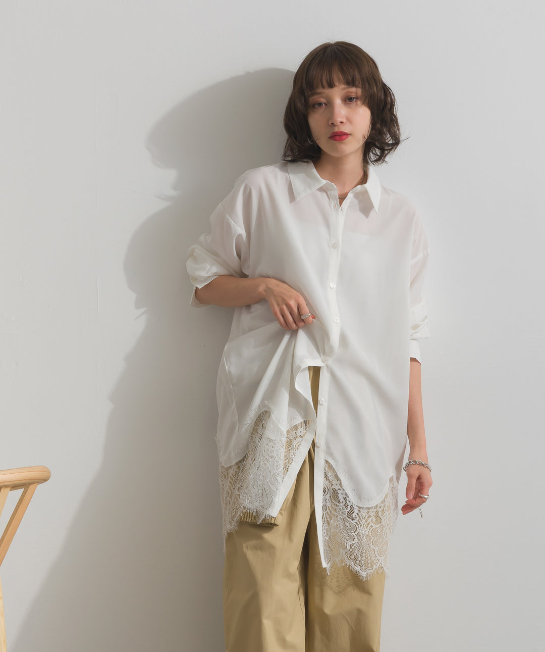 ポプリン裾レースシャツワンピース