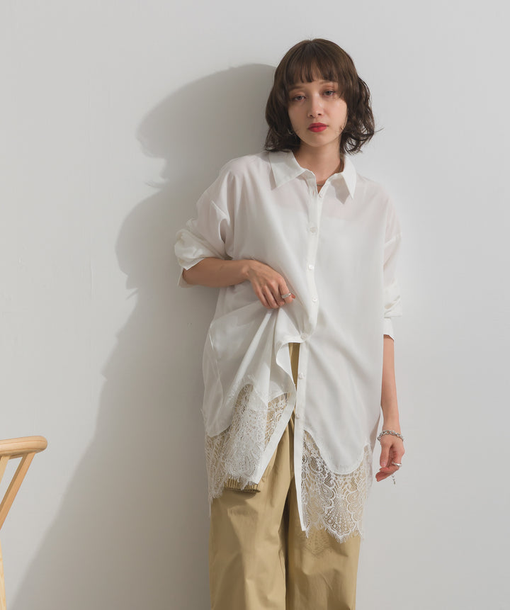 ポプリン裾レースシャツワンピース