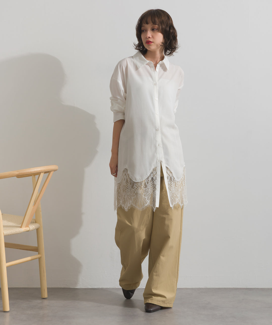 【TOPS SET】スウェード襟切替デニムブルゾン＋ポプリン裾レースシャツワンピース