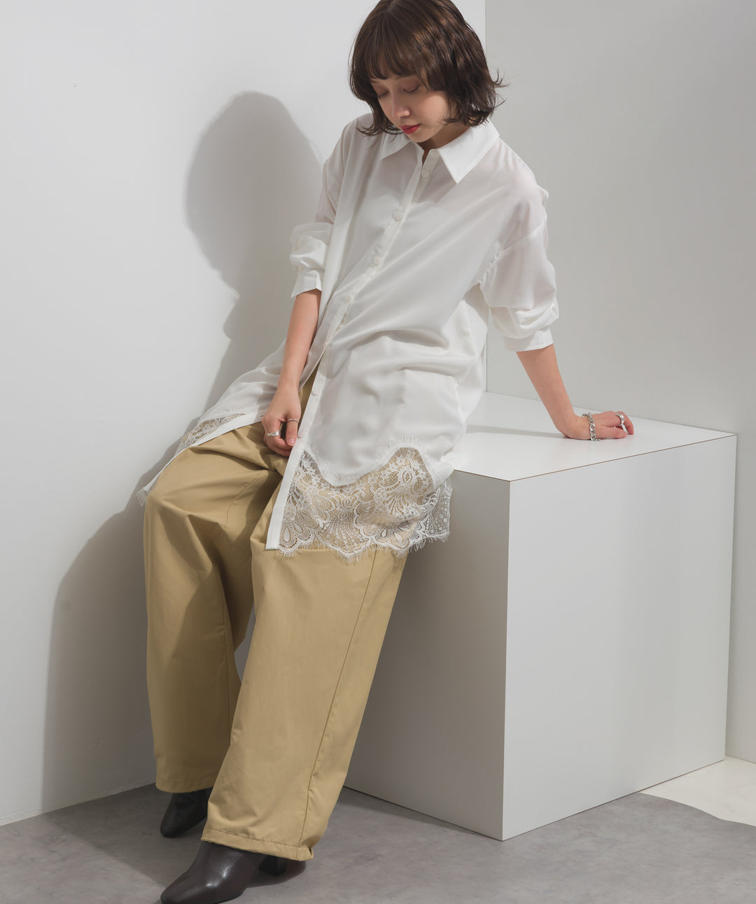 ポプリン裾レースシャツワンピース