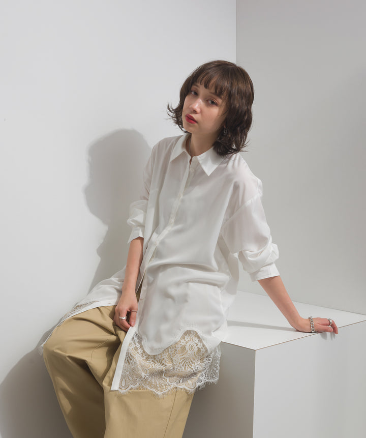 【TOPS SET】メタルボタン衿付きニットカーディガン＋ポプリン裾レースシャツワンピース