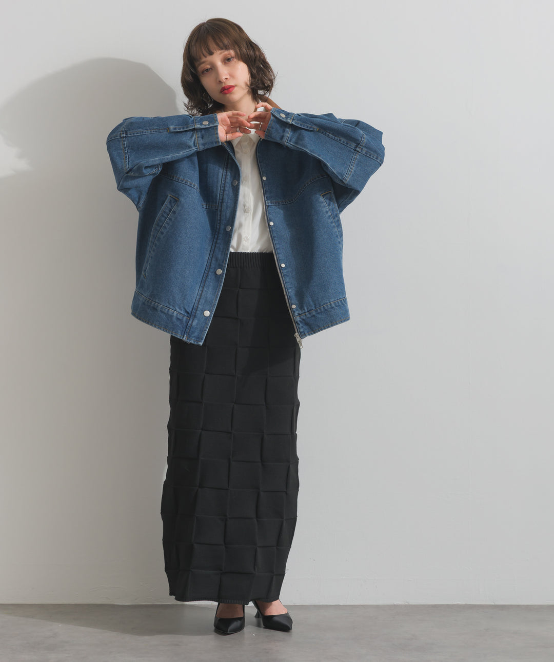 【TOPS SET】スウェード襟切替デニムブルゾン＋ポプリン裾レースシャツワンピース