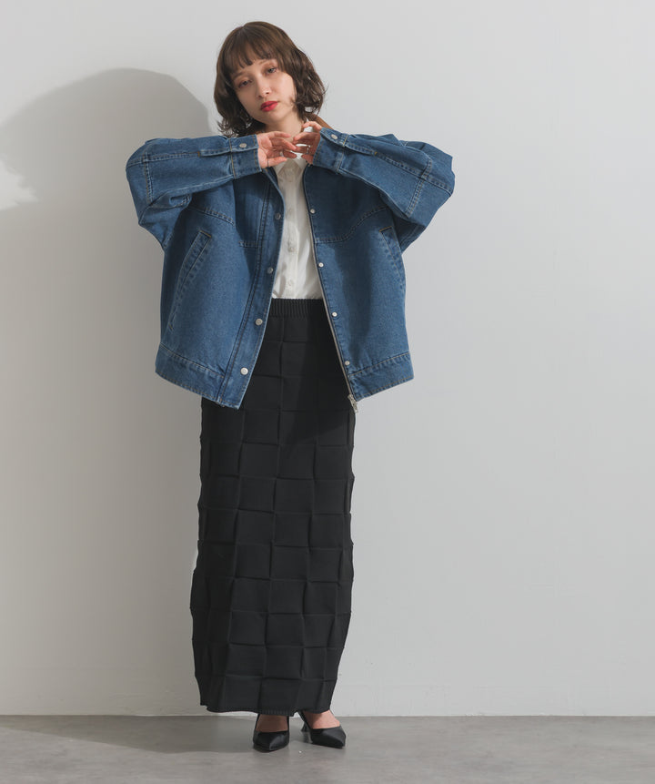 【TOPS SET】スウェード襟切替デニムブルゾン＋ポプリン裾レースシャツワンピース