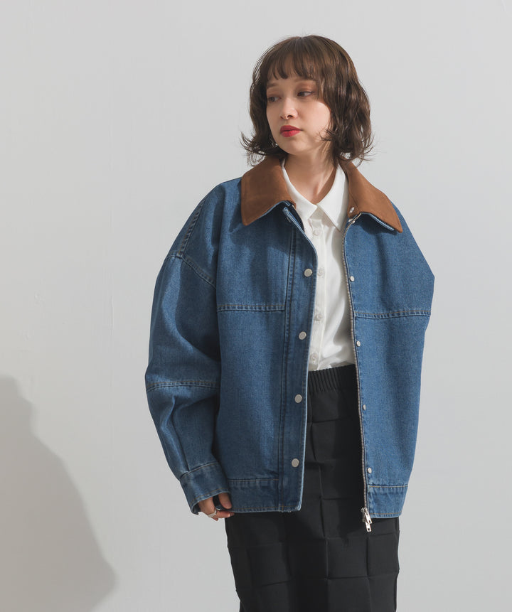 スウェード襟切替デニムブルゾン