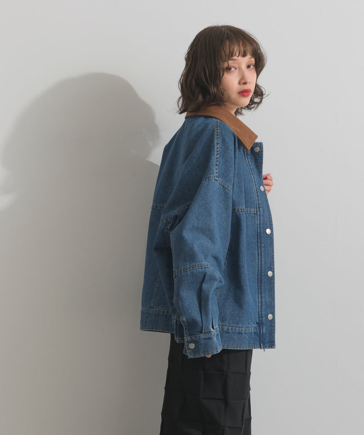 【TOPS SET】スウェード襟切替デニムブルゾン＋ポプリン裾レースシャツワンピース