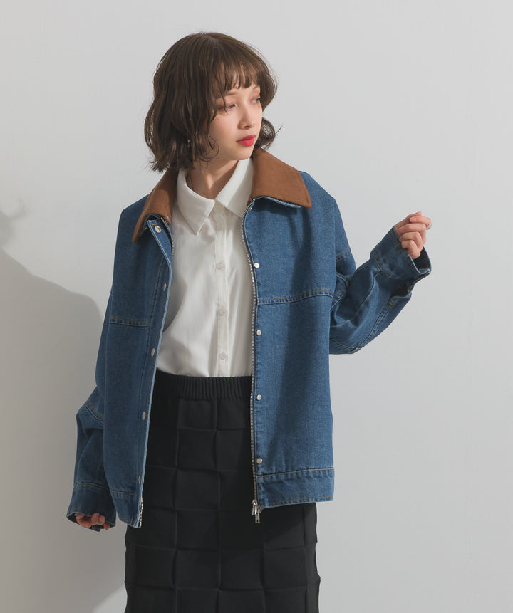 【TOPS SET】スウェード襟切替デニムブルゾン＋ポプリン裾レースシャツワンピース