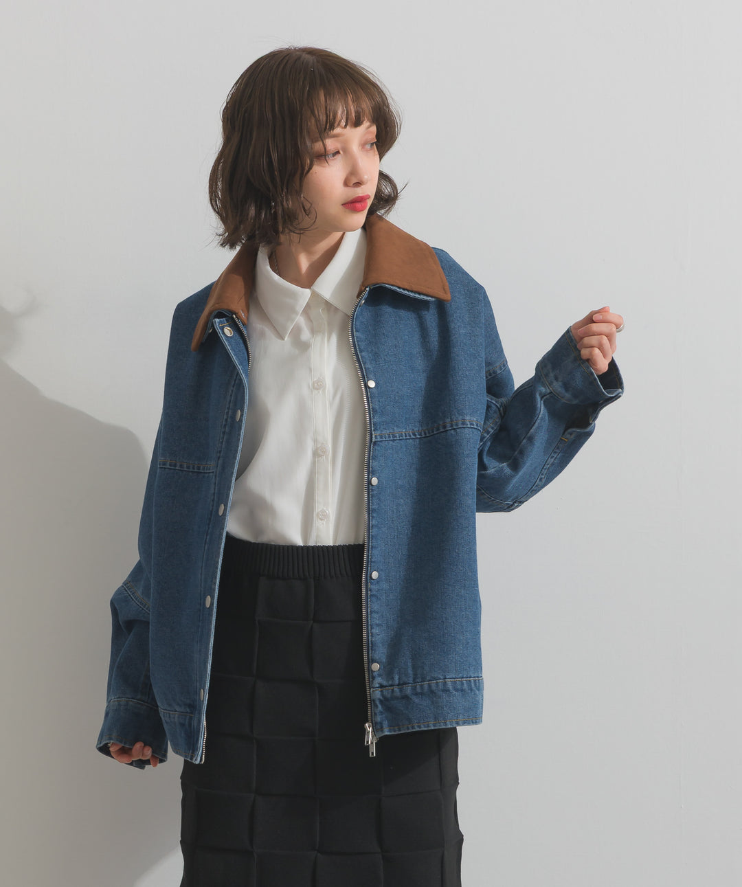 スウェード襟切替デニムブルゾン