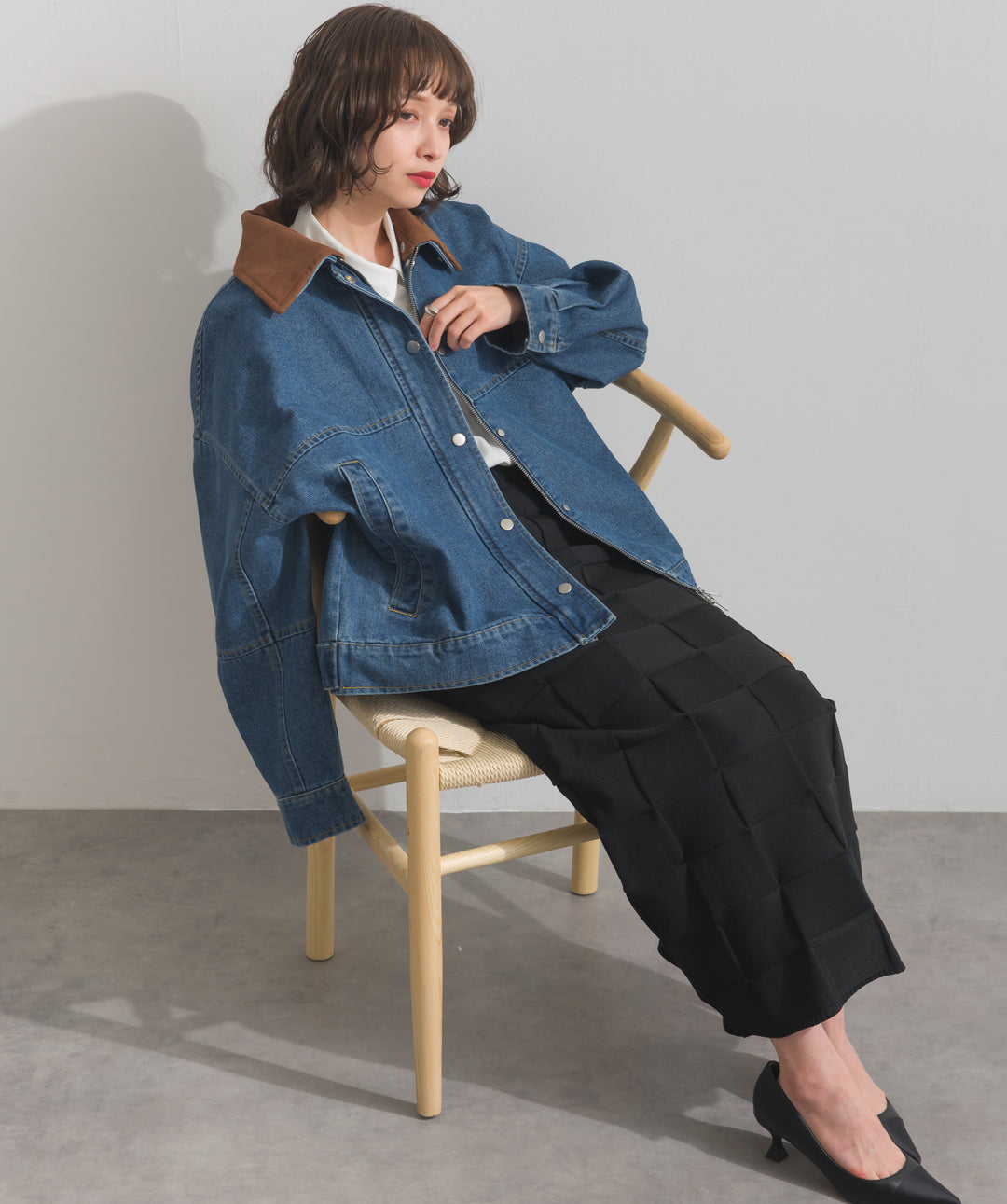 スウェード襟切替デニムブルゾン
