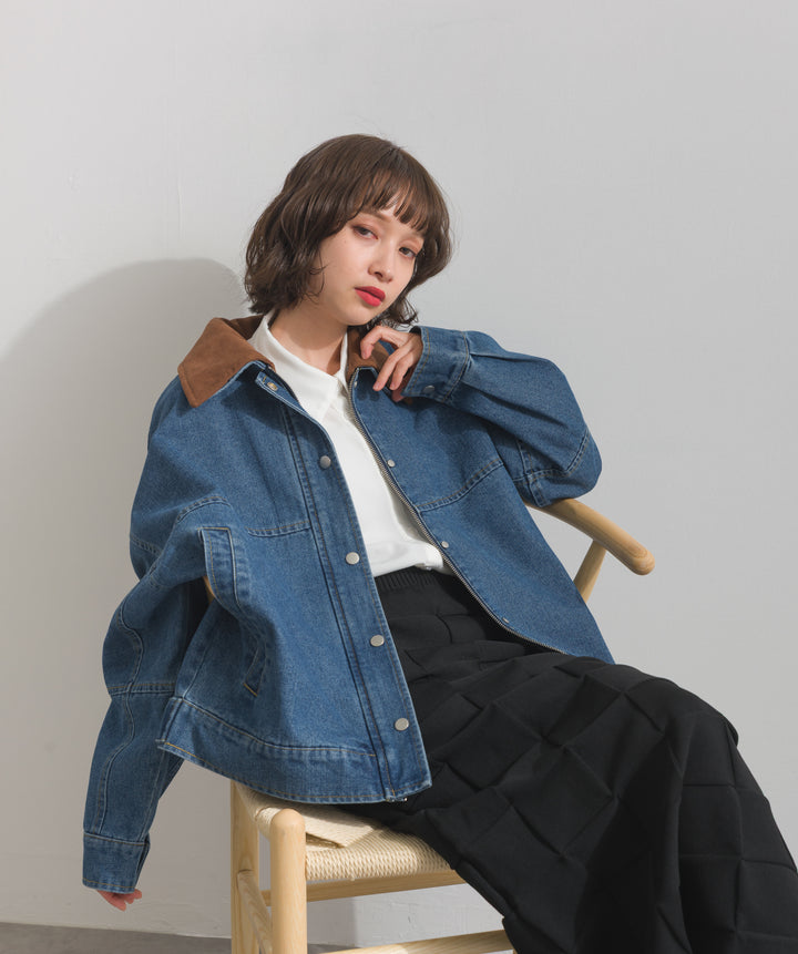 スウェード襟切替デニムブルゾン