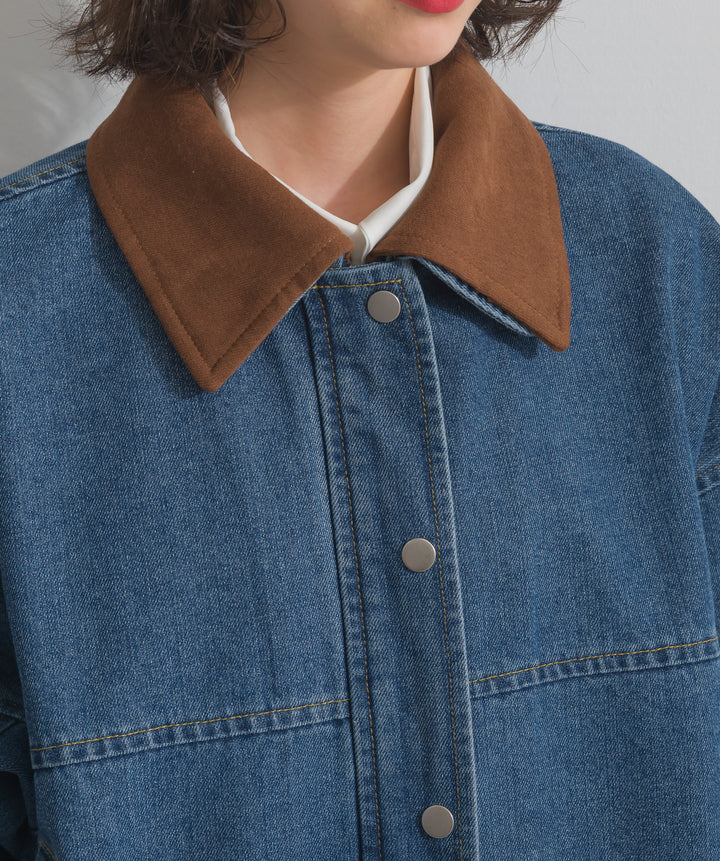 スウェード襟切替デニムブルゾン