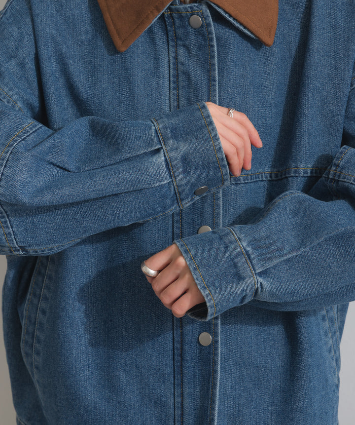 【TOPS SET】スウェード襟切替デニムブルゾン＋ポプリン裾レースシャツワンピース