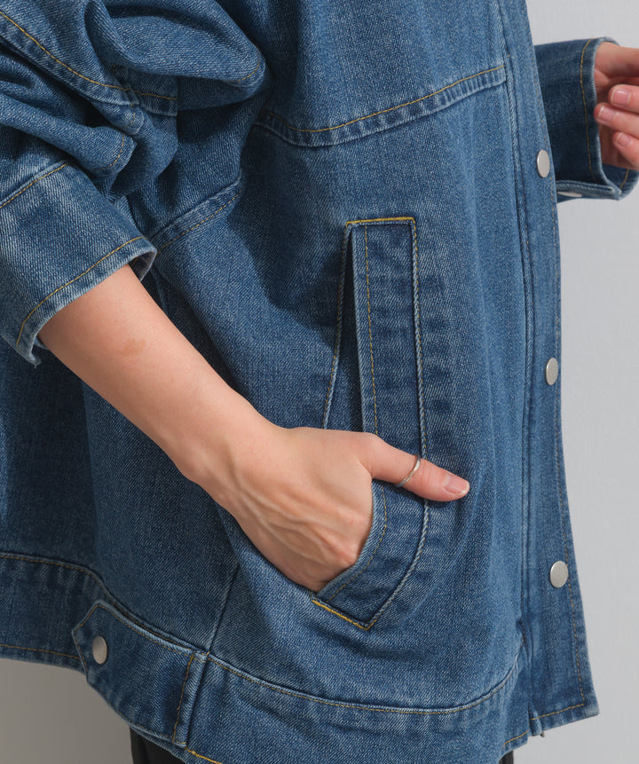 【TOPS SET】スウェード襟切替デニムブルゾン＋ポプリン裾レースシャツワンピース