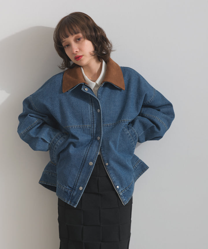 【TOPS SET】スウェード襟切替デニムブルゾン＋ポプリン裾レースシャツワンピース