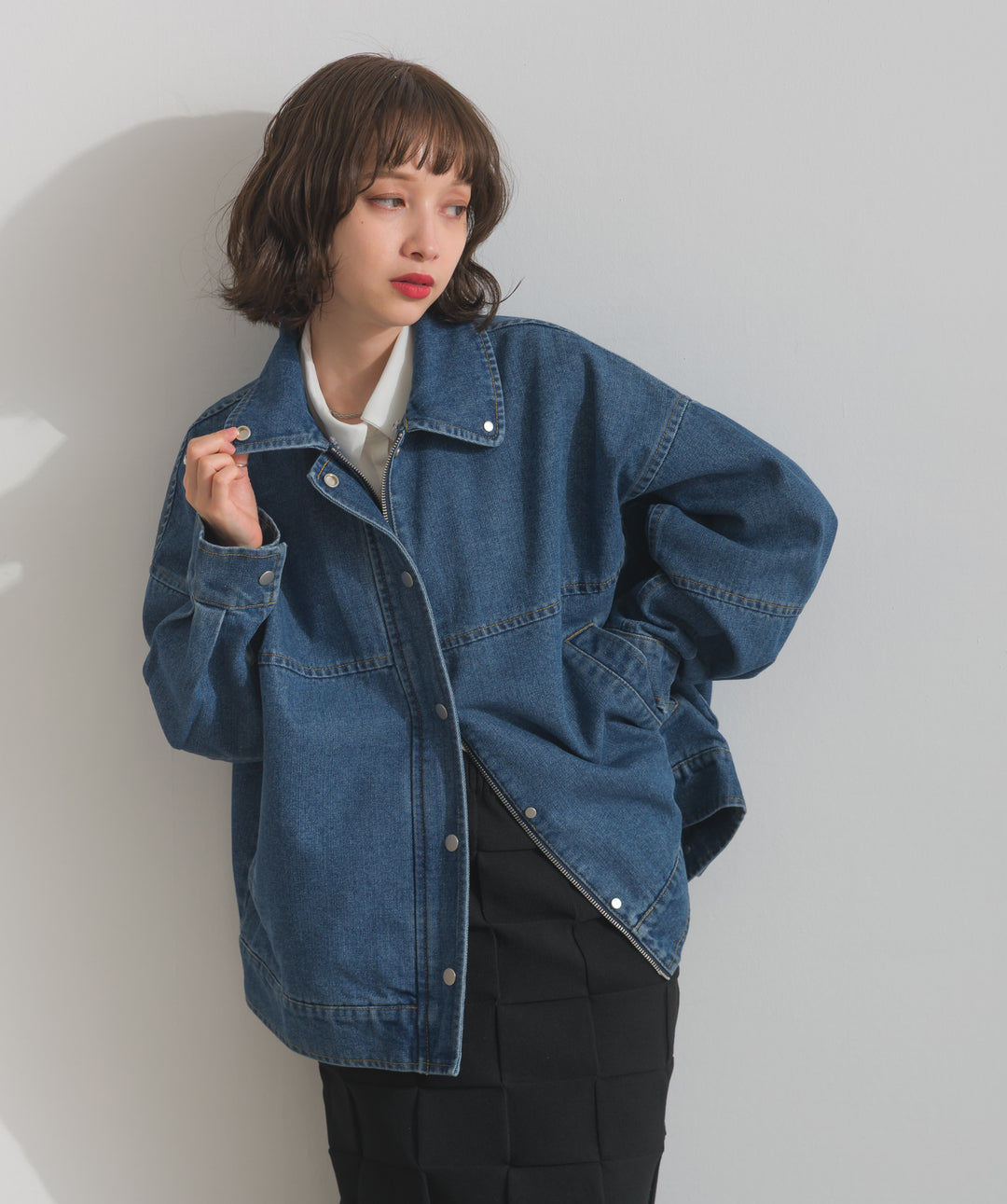 【TOPS SET】スウェード襟切替デニムブルゾン＋ポプリン裾レースシャツワンピース