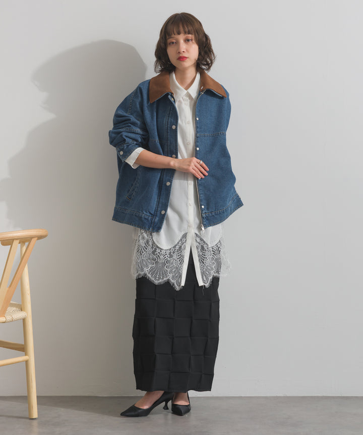 【TOPS SET】スウェード襟切替デニムブルゾン＋ポプリン裾レースシャツワンピース