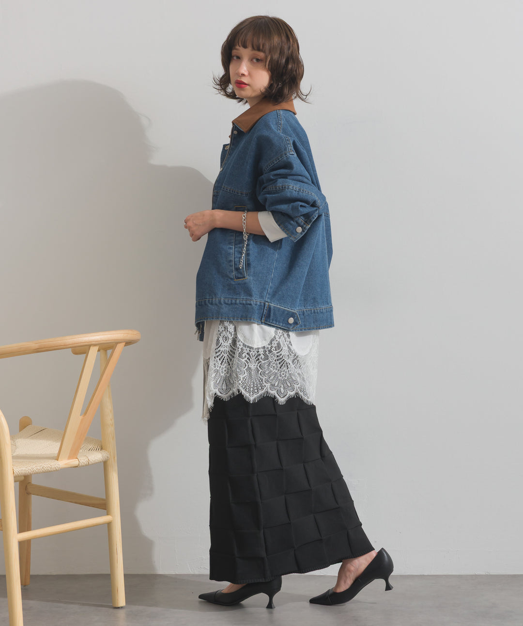 ポプリン裾レースシャツワンピース