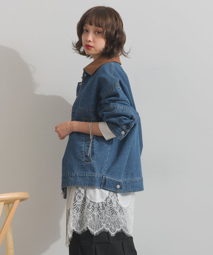 【TOPS SET】スウェード襟切替デニムブルゾン＋ポプリン裾レースシャツワンピース