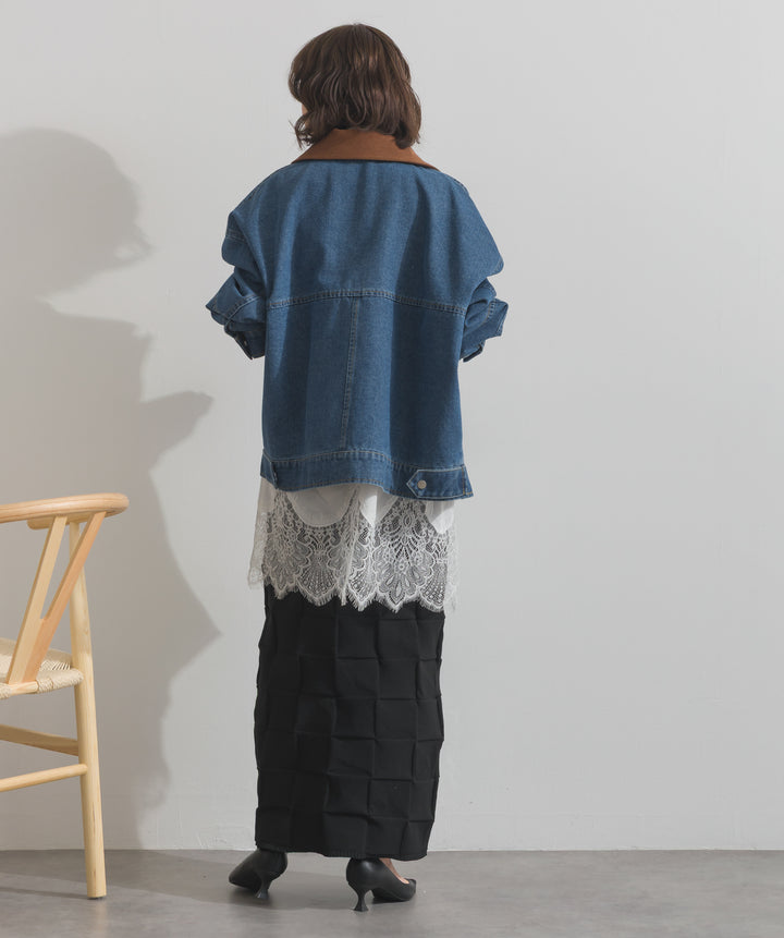 スウェード襟切替デニムブルゾン