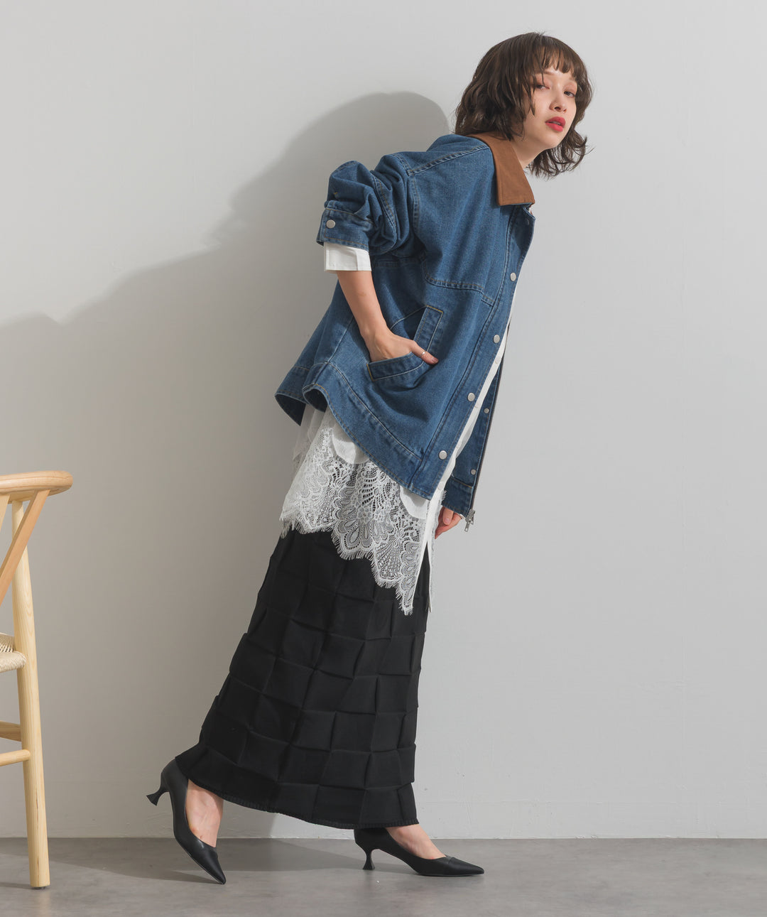 【TOPS SET】スウェード襟切替デニムブルゾン＋ポプリン裾レースシャツワンピース