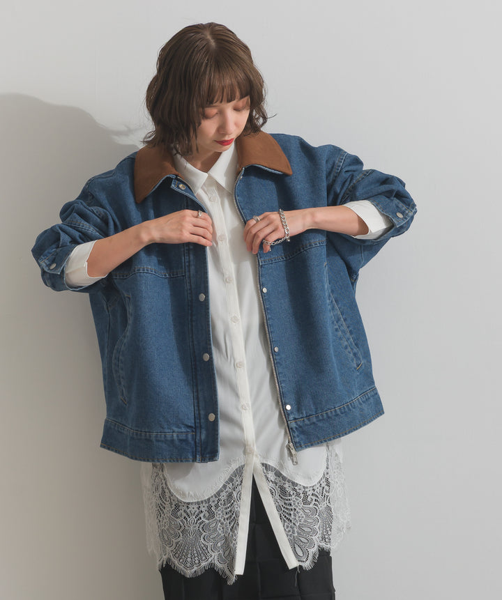 【TOPS SET】スウェード襟切替デニムブルゾン＋ポプリン裾レースシャツワンピース