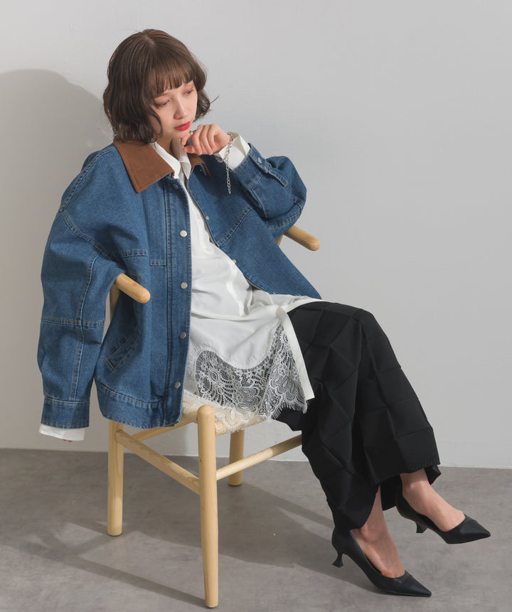 【TOPS SET】スウェード襟切替デニムブルゾン＋ポプリン裾レースシャツワンピース