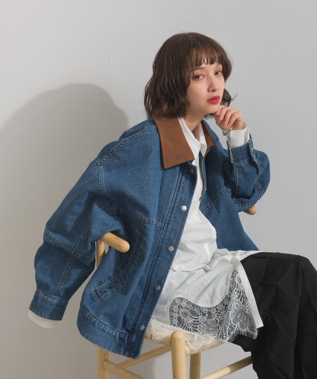 ポプリン裾レースシャツワンピース