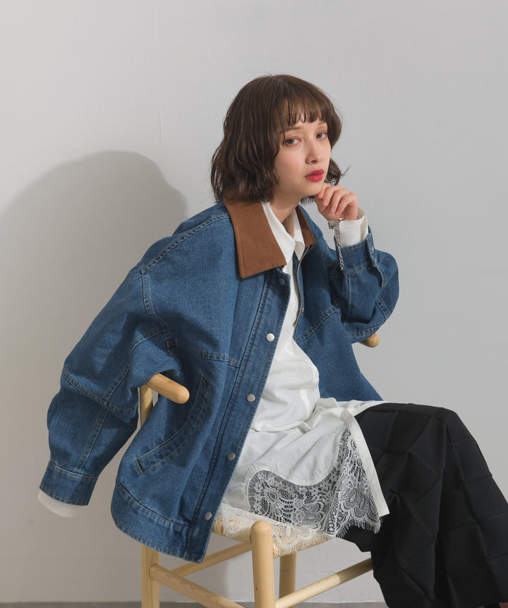【TOPS SET】スウェード襟切替デニムブルゾン＋ポプリン裾レースシャツワンピース
