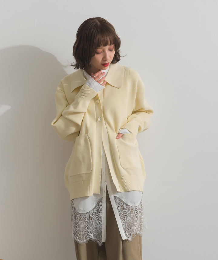 【TOPS SET】メタルボタン衿付きニットカーディガン＋ポプリン裾レースシャツワンピース