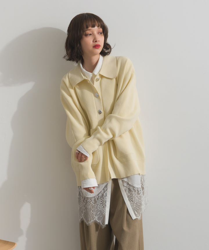 【TOPS SET】メタルボタン衿付きニットカーディガン＋ポプリン裾レースシャツワンピース